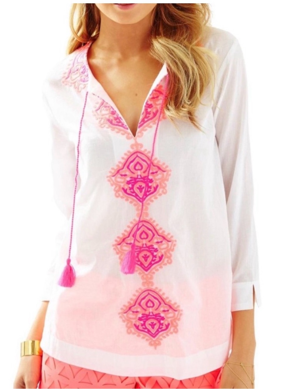 Lilly Pulitzer- Amelia Island White Tunic with Pink Embroidery and Tassles- XS
